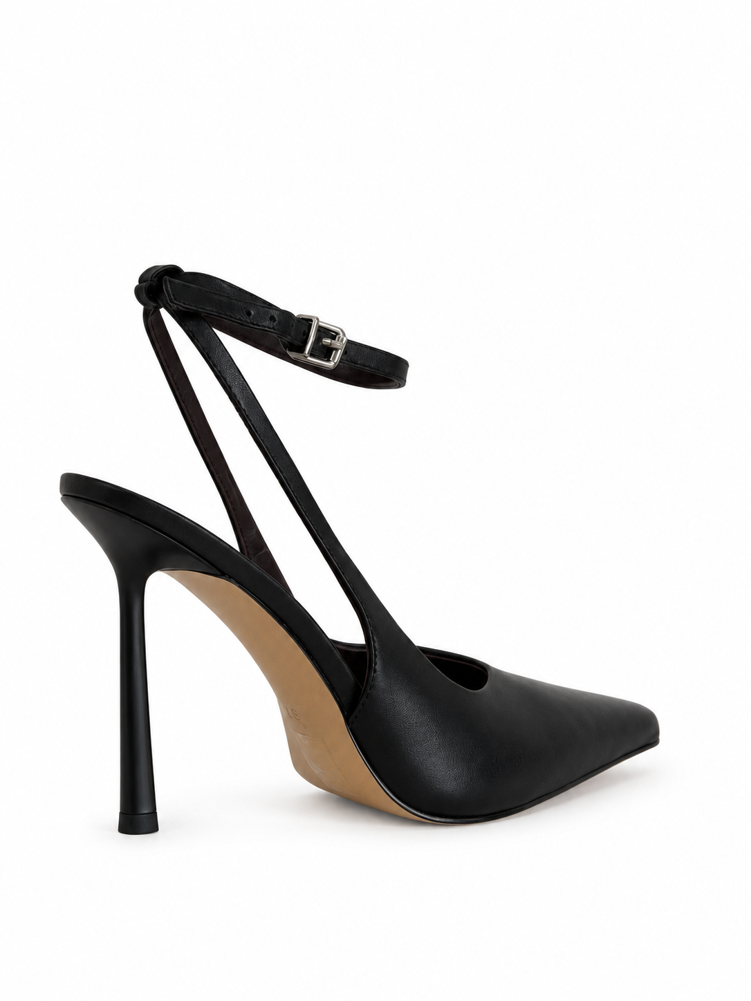 Black leather slingback pumps with ankle strap and silver buckle, high stiletto heel