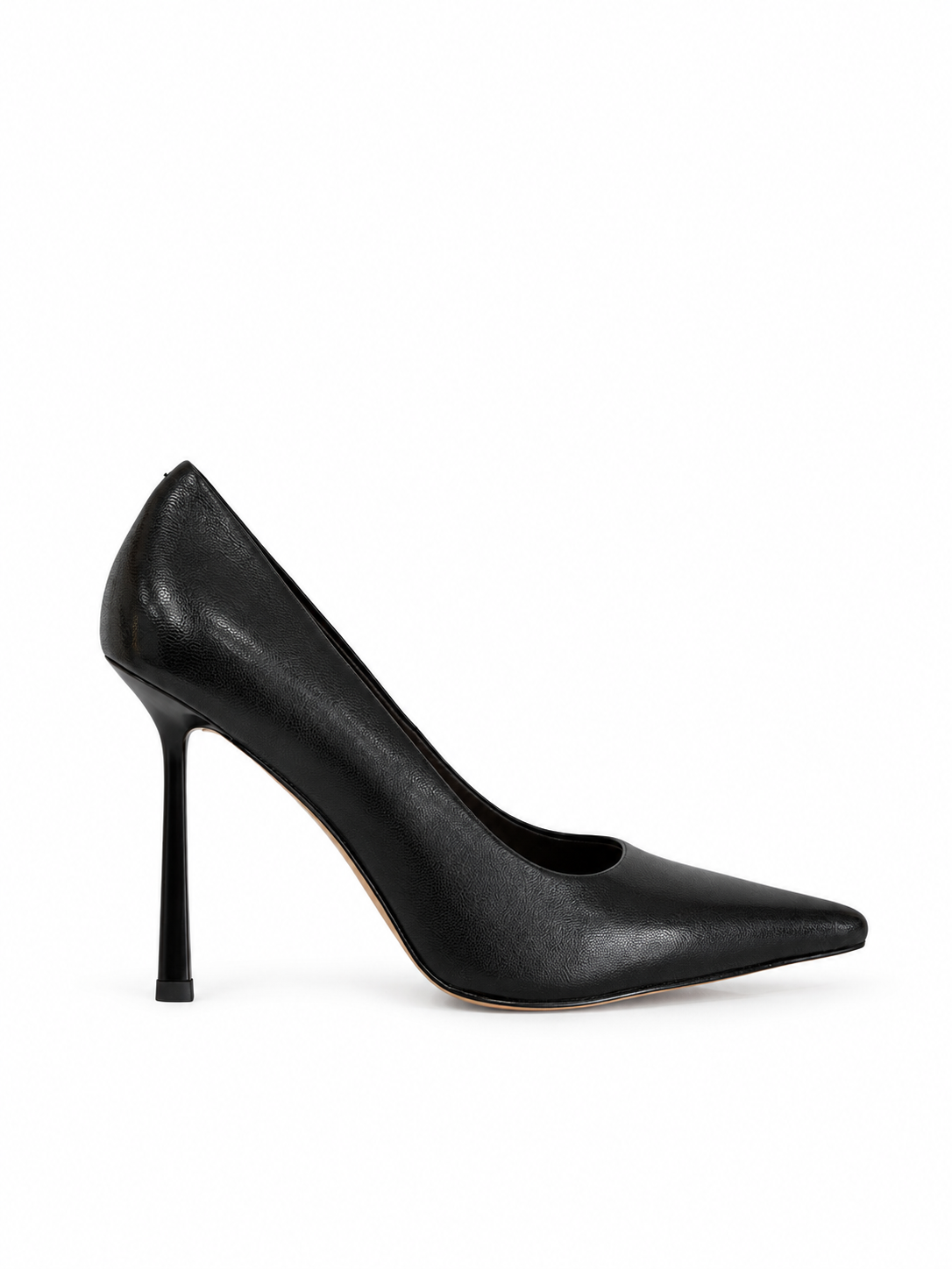 Black genuine leather pointed-toe pumps with 100mm stiletto heel, front-side view