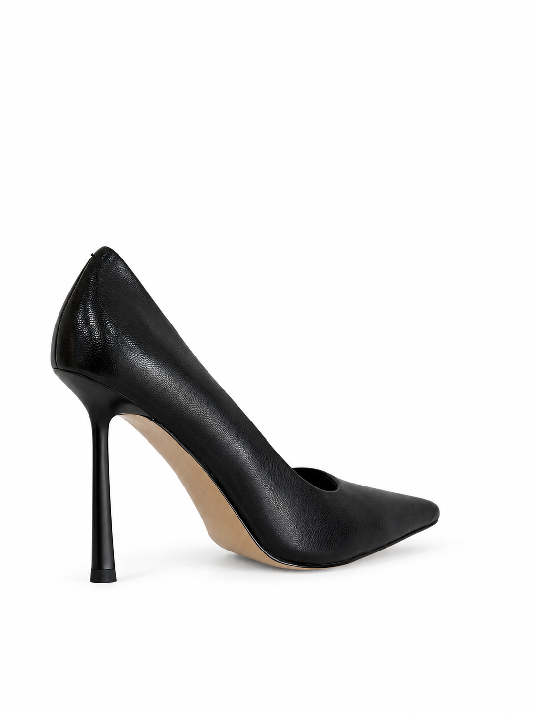 Black genuine leather pointed-toe pumps with 100mm stiletto heel, angle view
