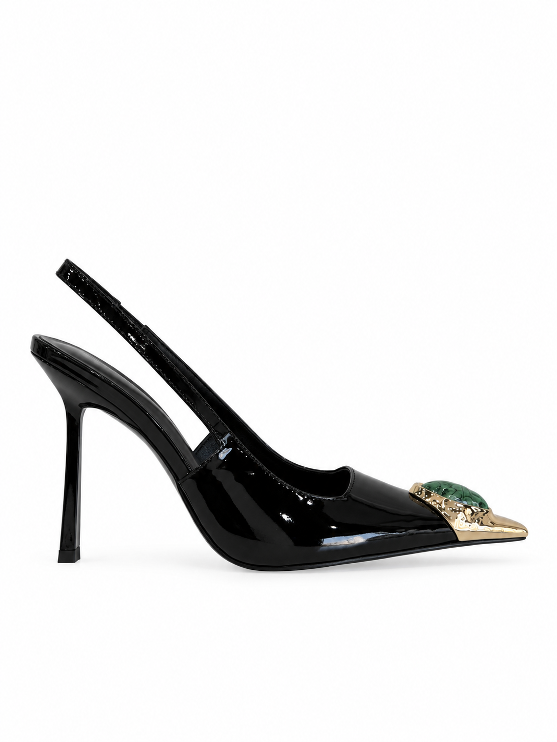 Black patent leather slingback pump with pointed toe, green gem gold accent