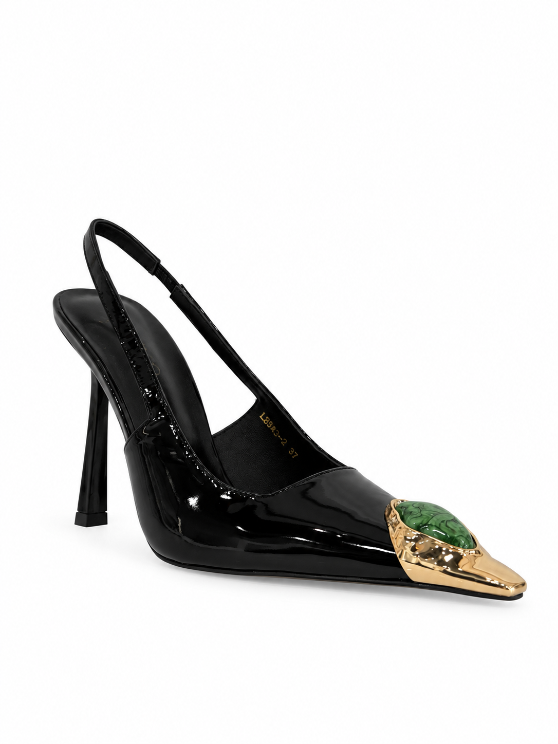 Black patent leather slingback pump, high stiletto heel, green gem gold toe detail