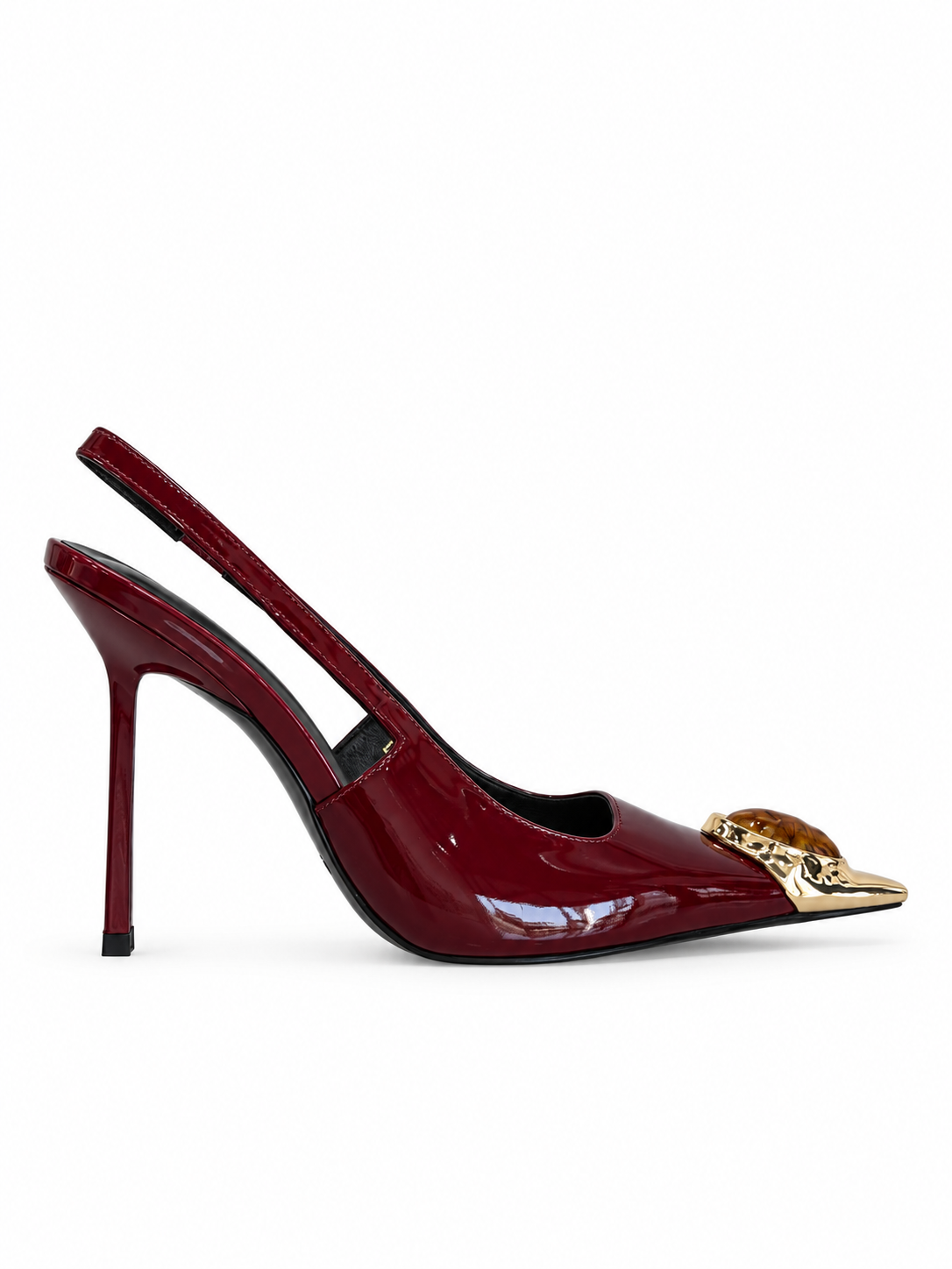 Burgundy patent leather slingback pumps with gold pointed toe and slender stiletto heel
