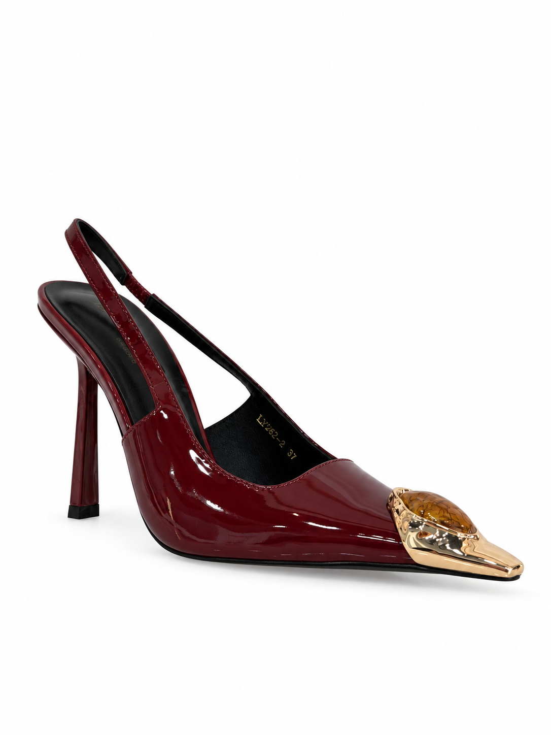 Burgundy patent slingback pumps, high stiletto heel, gold-tone pointed toe detail