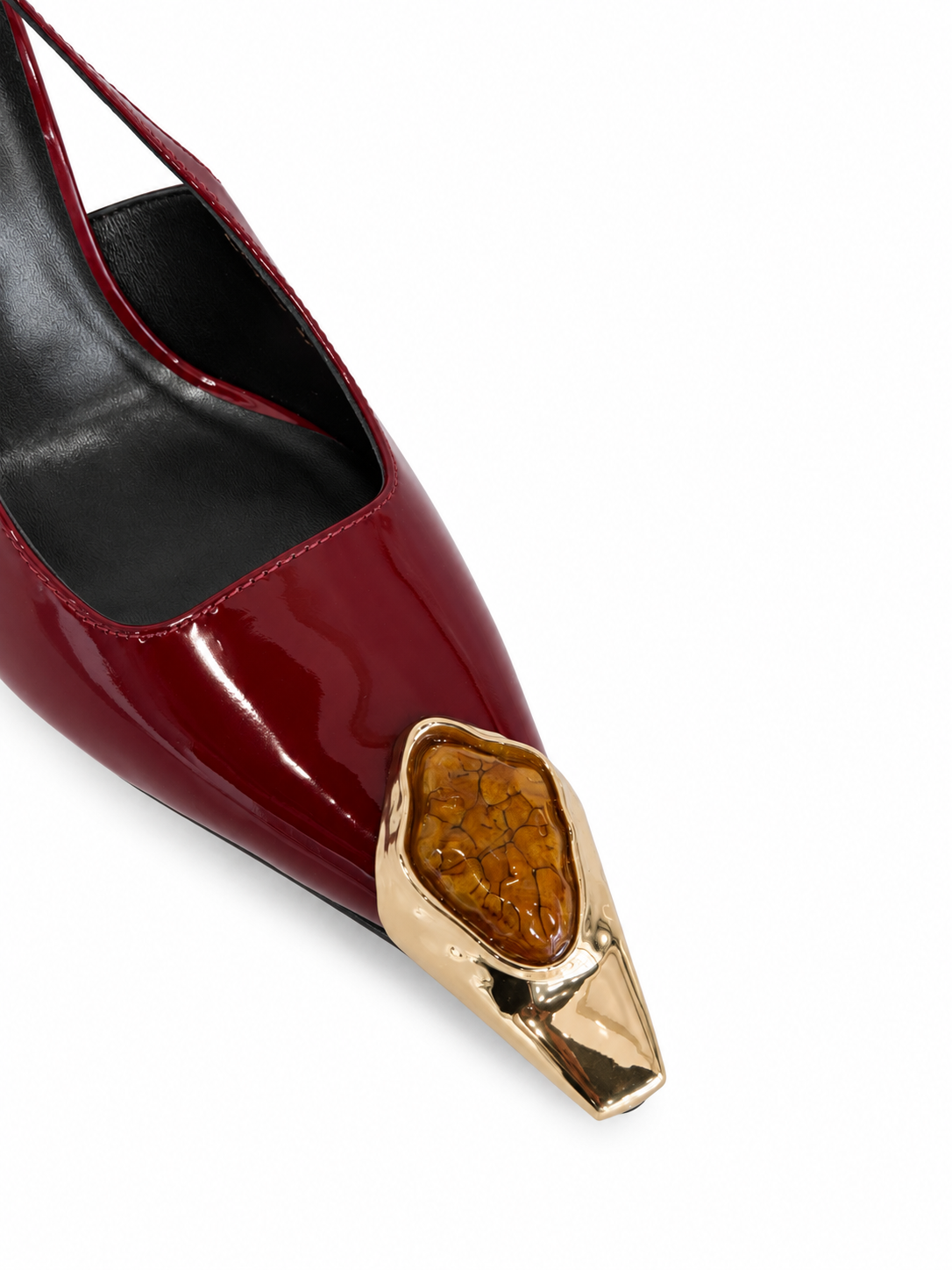 Burgundy patent leather slingback pumps with gold embellished toe and stiletto heel