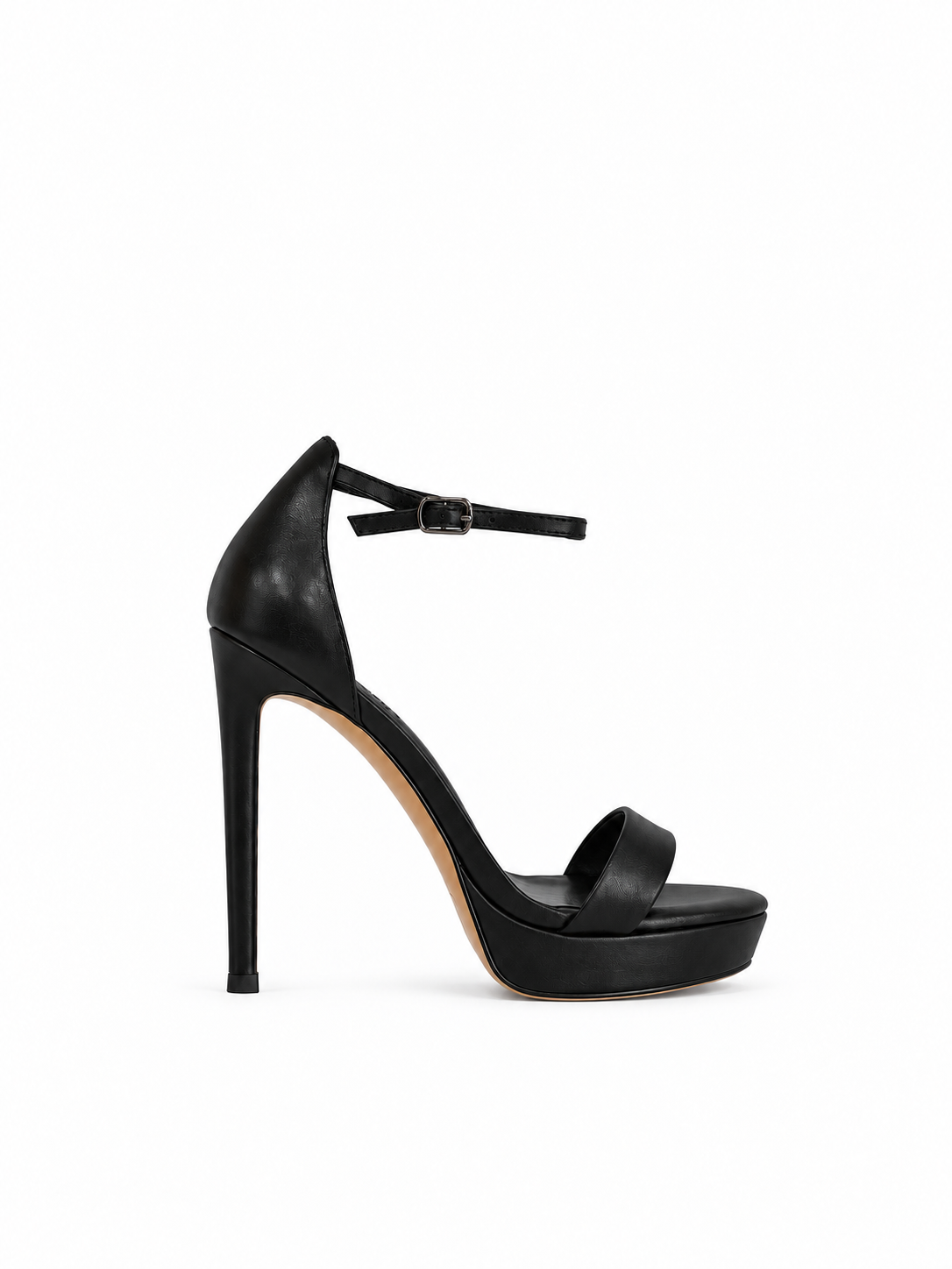 Black leather high-heel platform sandals with open toe and ankle strap with buckle