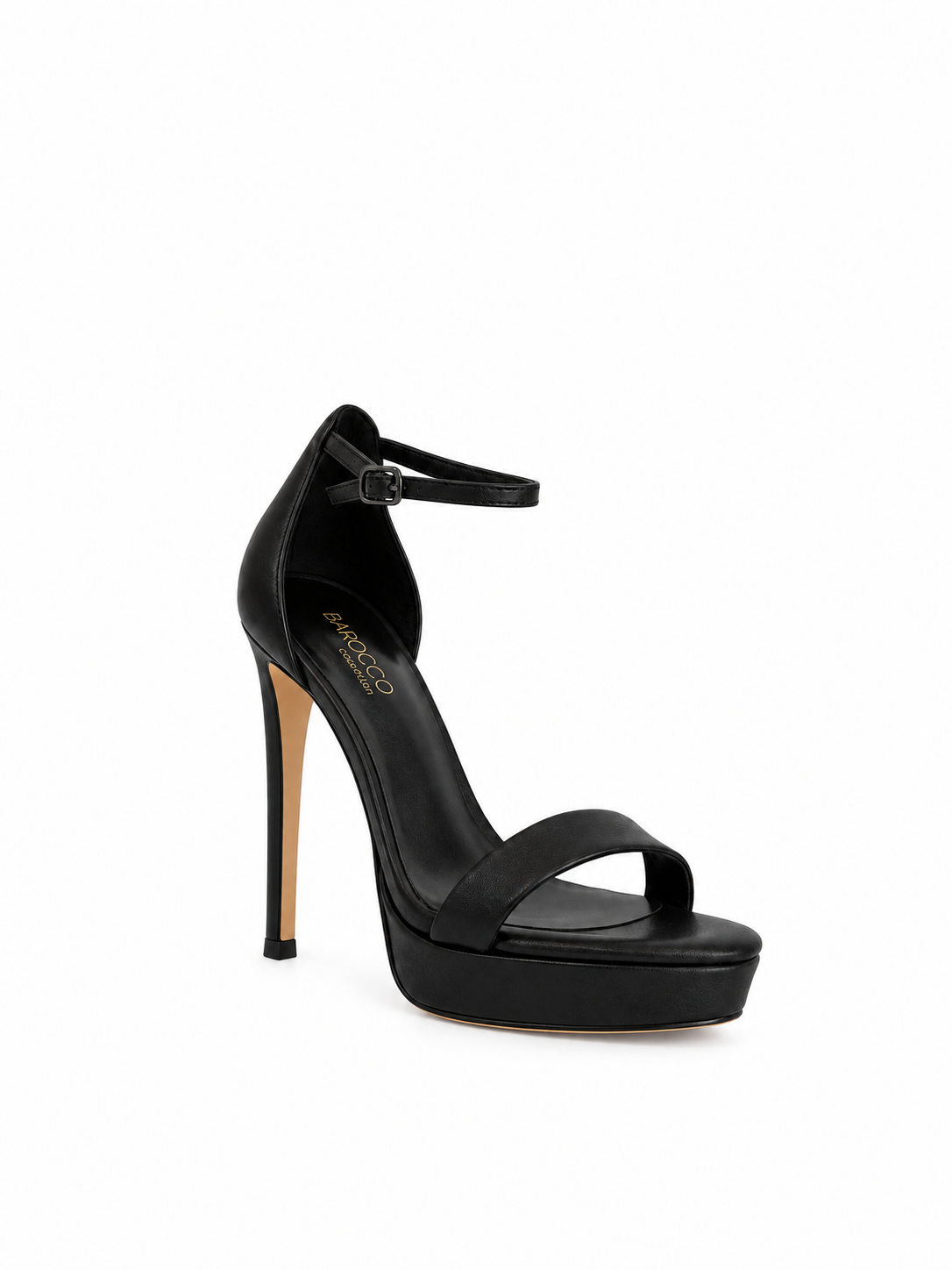 Black genuine leather platform heeled sandals with ankle strap and buckle