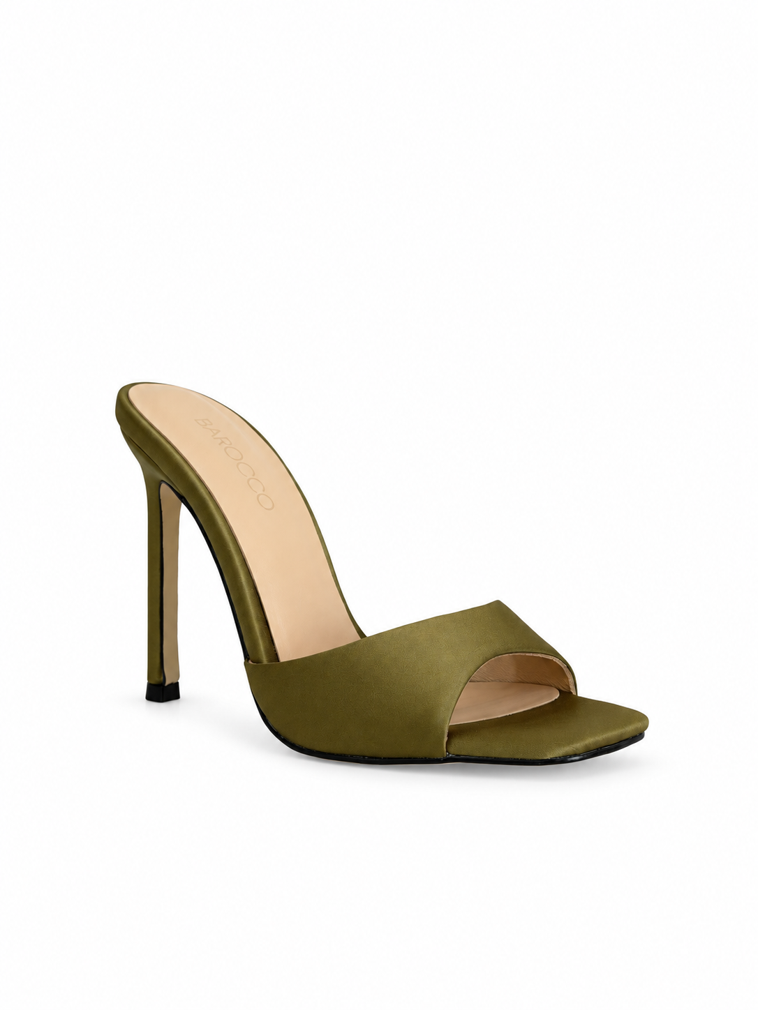 Green satin open-toe heeled sandals with wide crossover strap, 100mm heel
