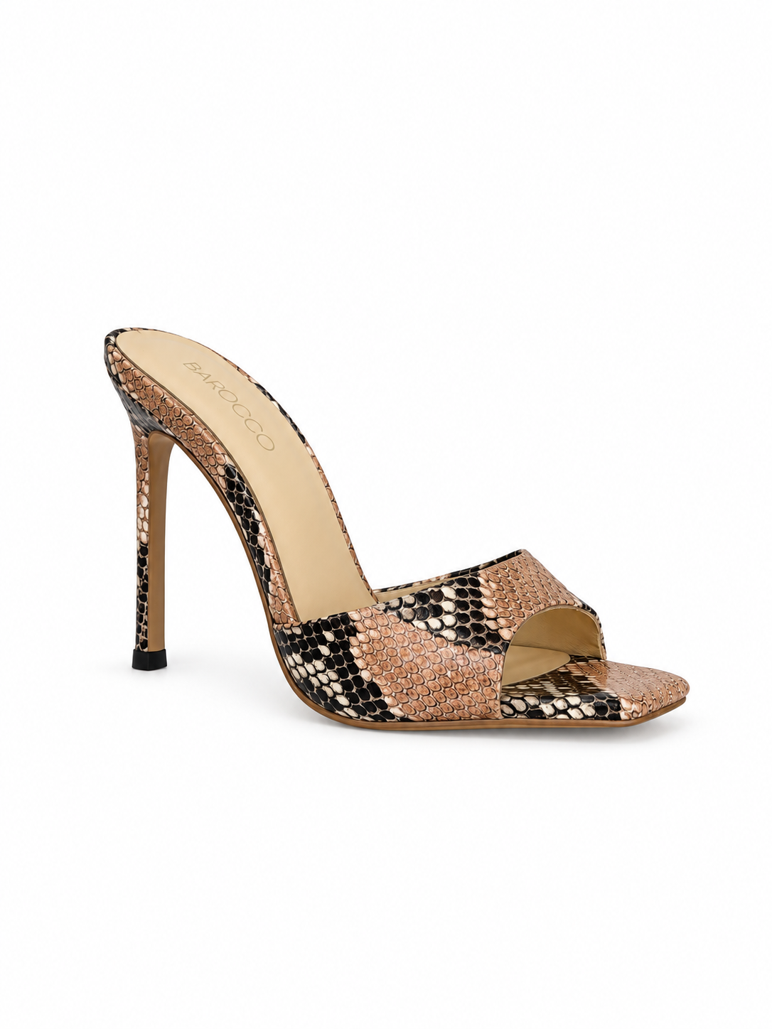 Snake-leather heeled sandal with peep toe, tan and black scale pattern