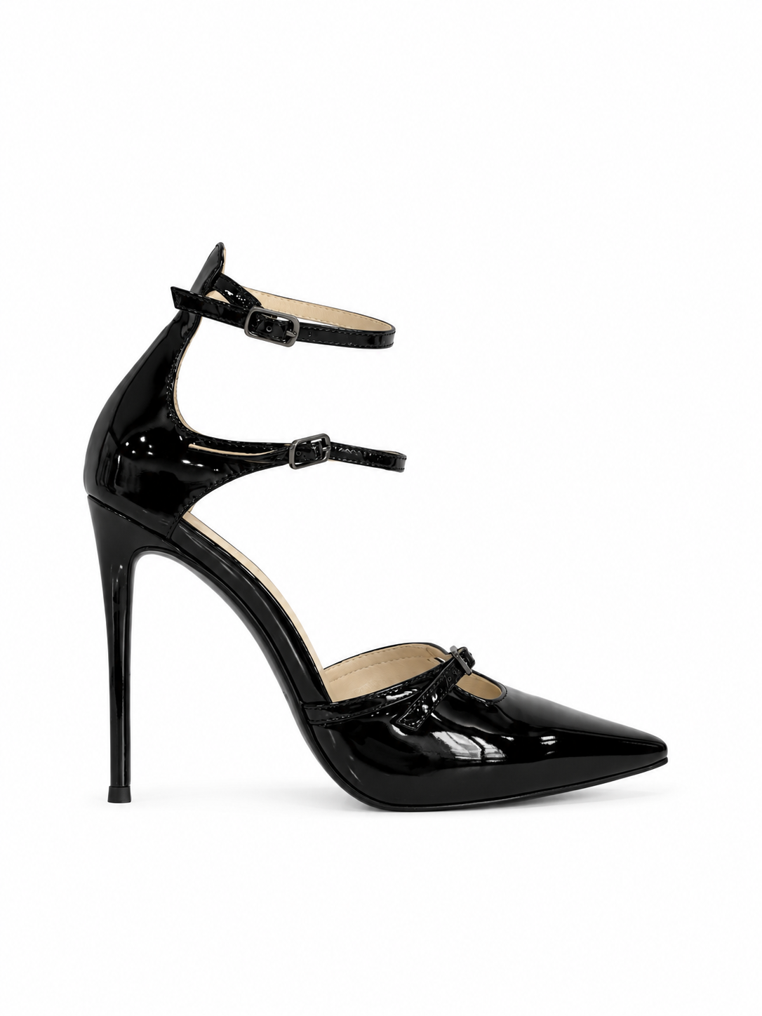 Black patent leather T-strap pumps with ankle and instep buckles, stiletto heel
