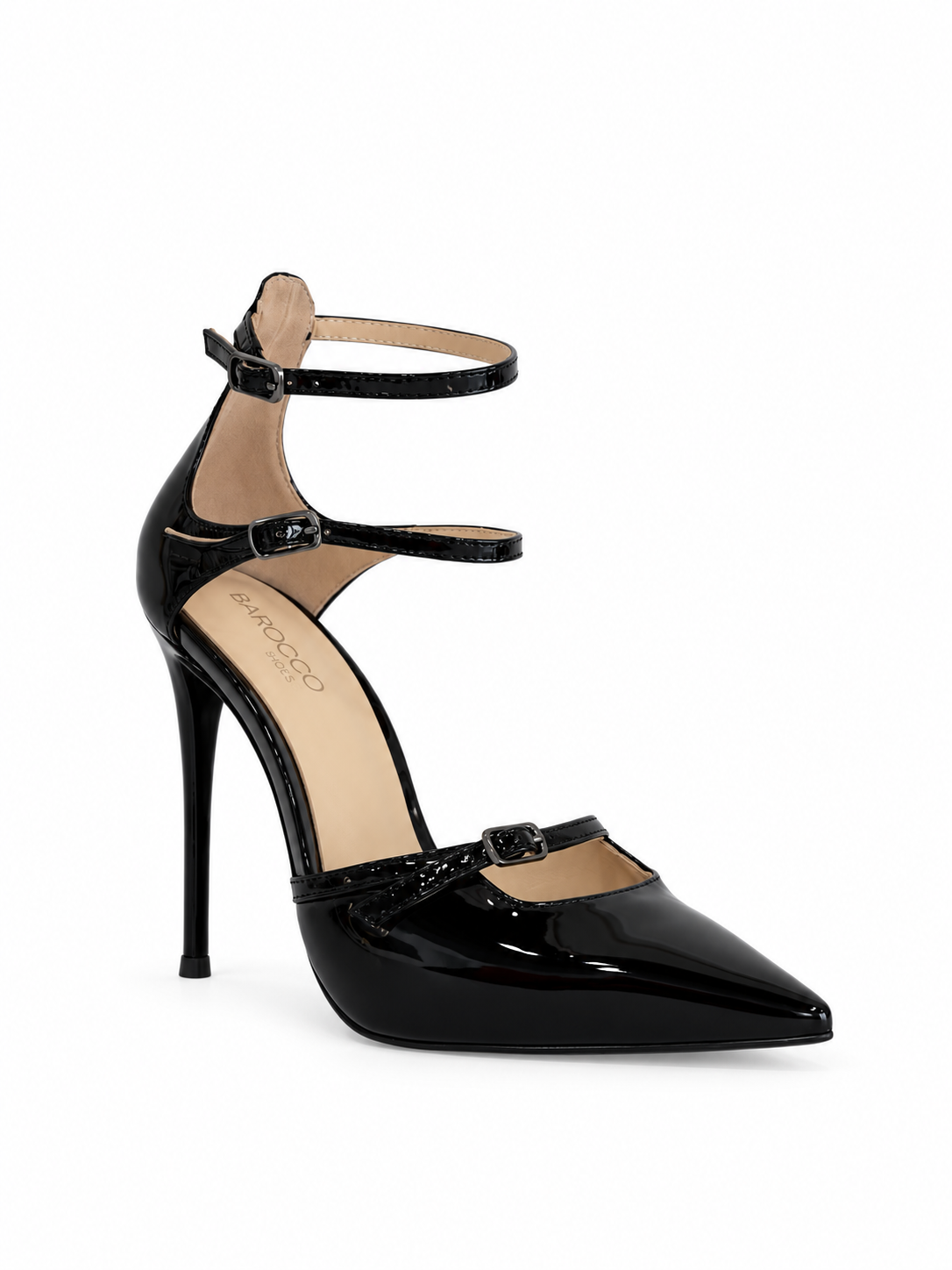 Black patent leather T-strap pumps with ankle strap and buckle, stiletto heel