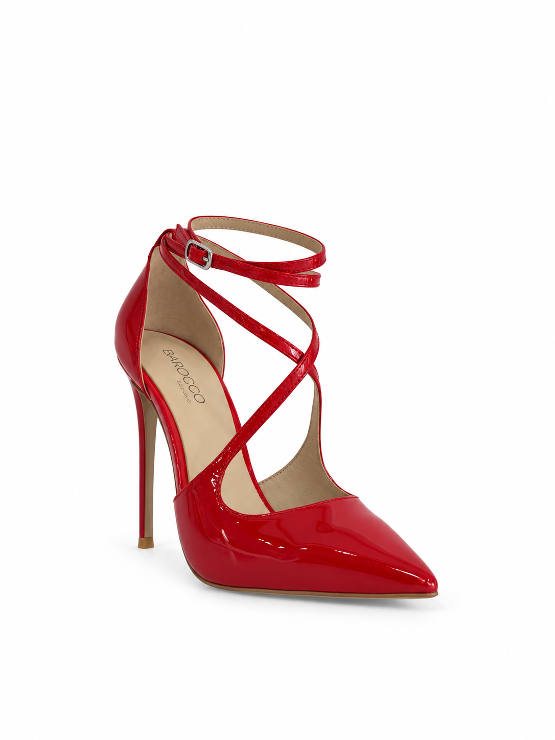 Red patent leather high-heel pumps with ankle strap and pointed toe