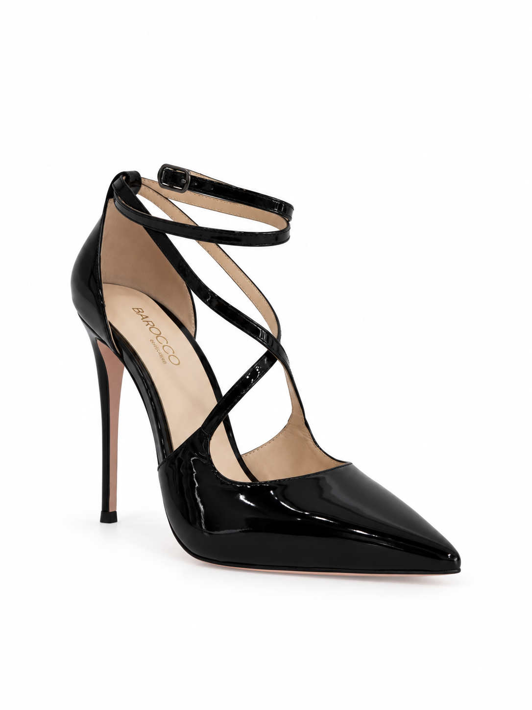 Black patent leather slingback pumps with ankle strap, pointed toe, stiletto heel