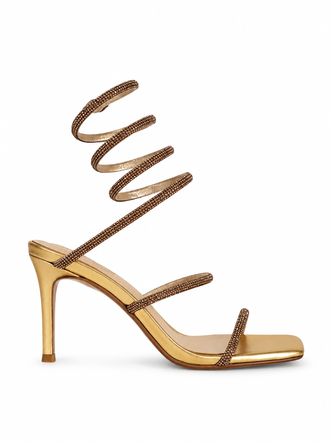 Gold leather heeled sandals with open toe, stiletto heel, thin embellished toe and ankle straps.