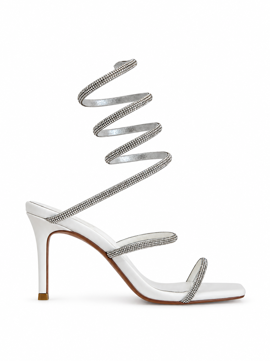 White leather heeled sandals with rhinestone spiral ankle strap and open toe, 80mm heel