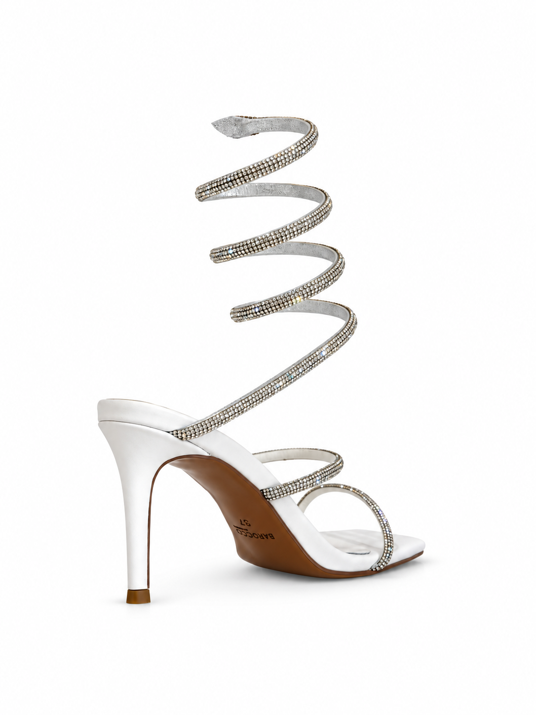 White leather heeled sandals with rhinestone coil straps and open toe, slim 80mm heel