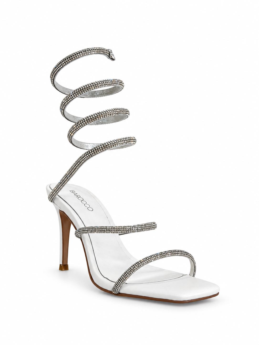 White leather heeled sandals, rhinestone spiral straps, open toe, 80mm heel