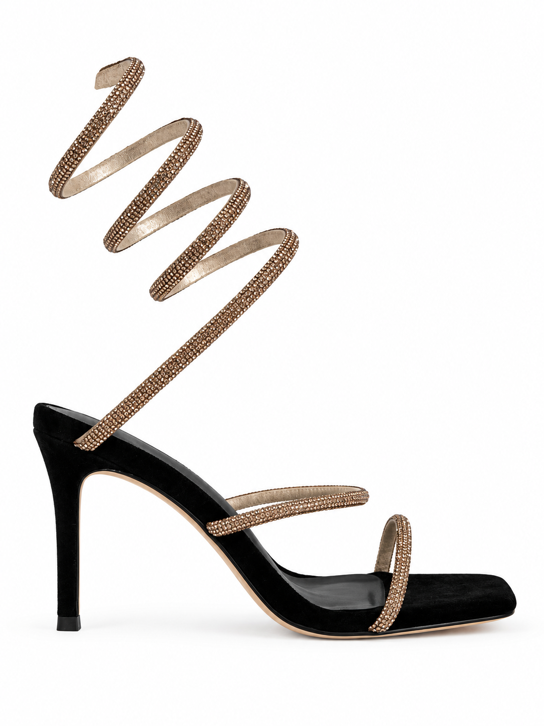 Black suede strappy high-heel sandals with gold-toned cross straps and stiletto heel