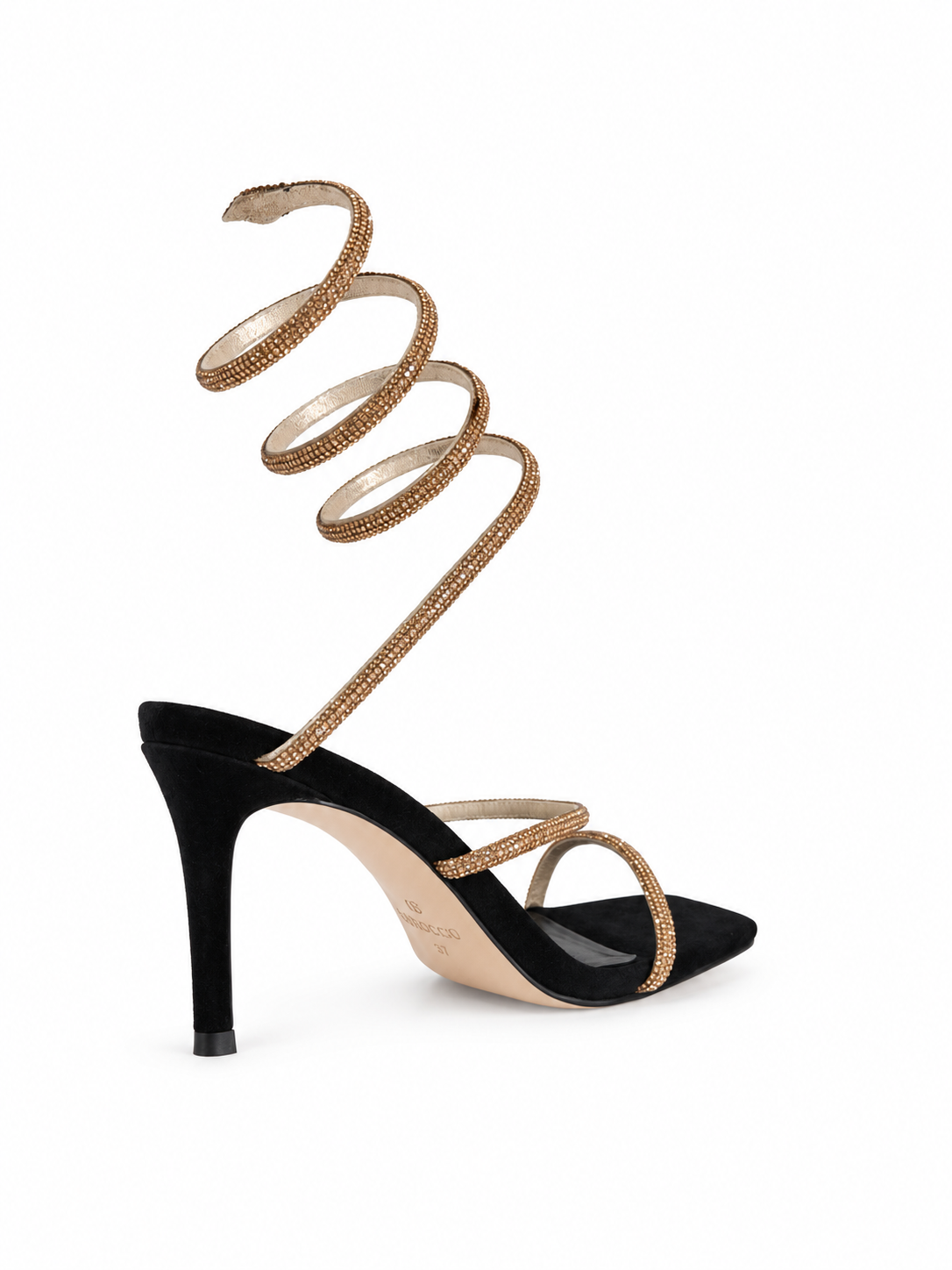 Black suede strappy high-heel sandals with gold-toned spiral straps and stiletto heel