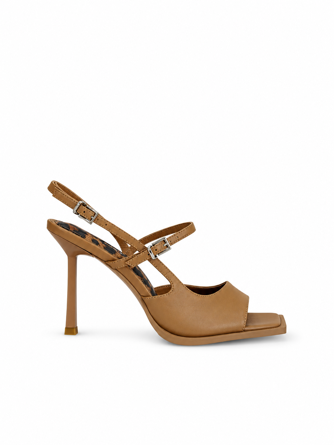 Beige leather heeled sandals with ankle strap and buckle, open toe, slim high heel