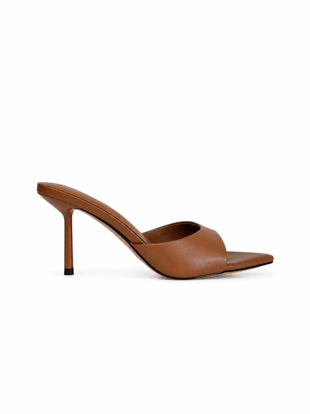 Brown genuine leather open-toe mule sandals with slim stiletto heel