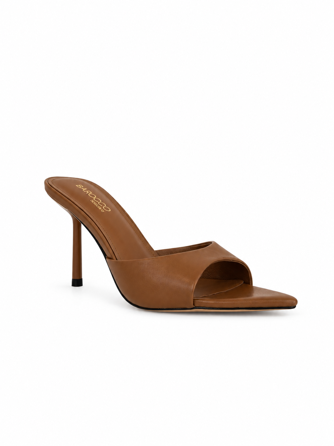 Brown genuine leather slide sandals with open toe and stiletto heel