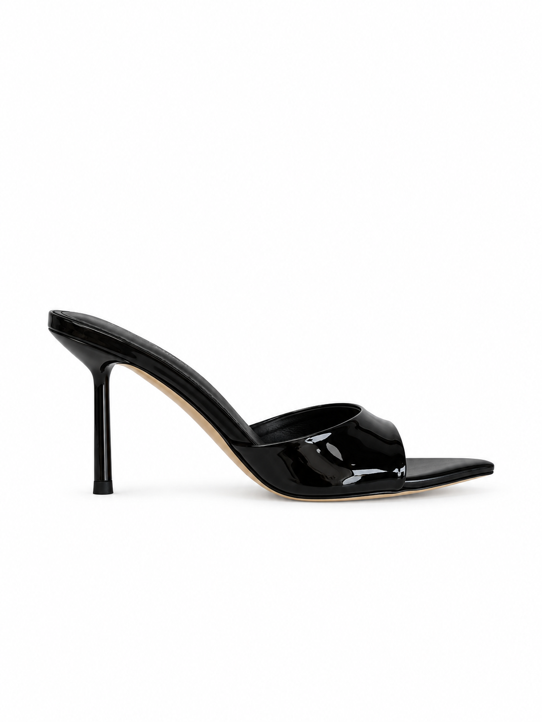Black patent leather high-heel sandal, open-toe slide with pointed toe and shine