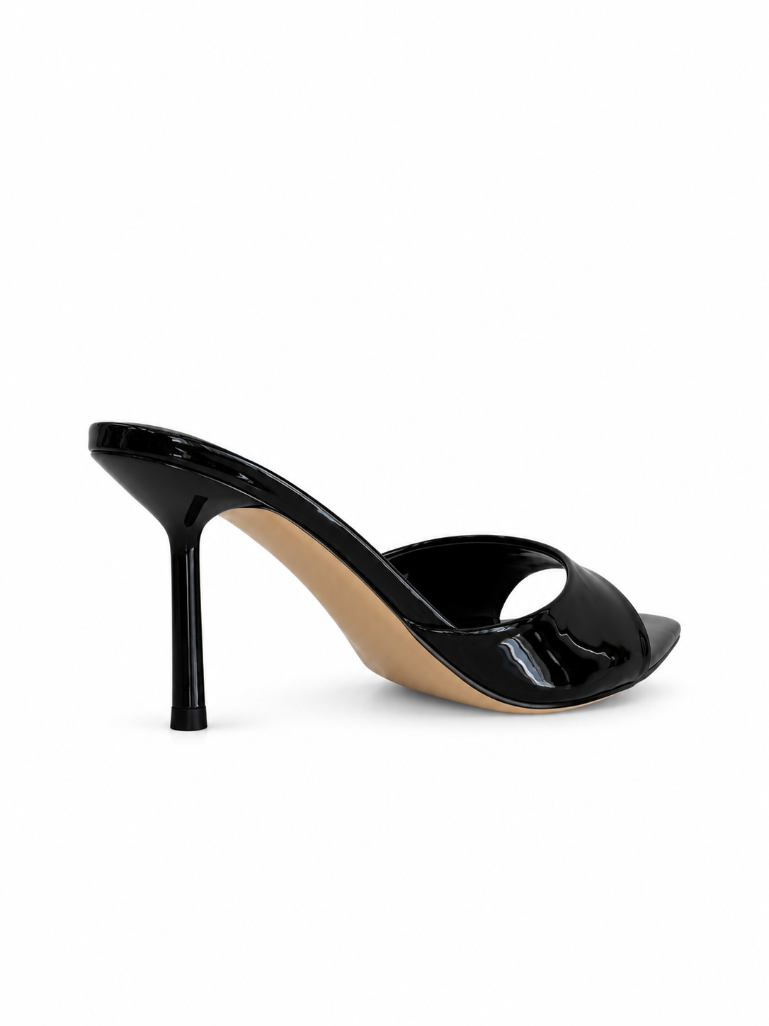 Black patent leather high-heel sandal mule, open toe and glossy curved vamp