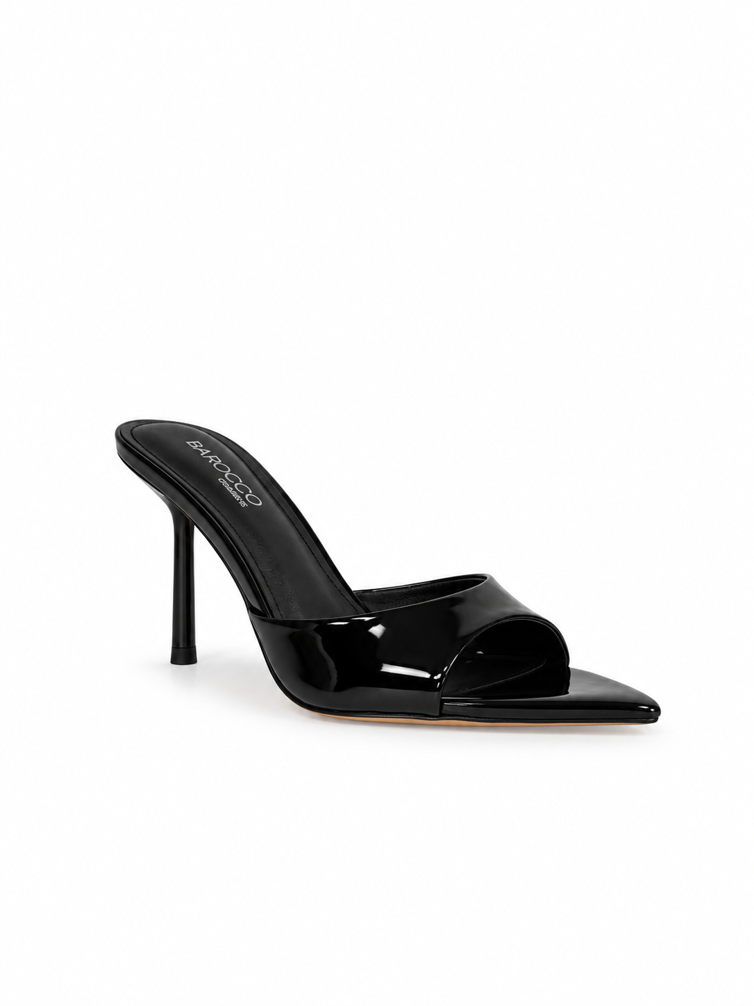 Black patent leather high-heel sandal, open toe slide with sleek strap detail