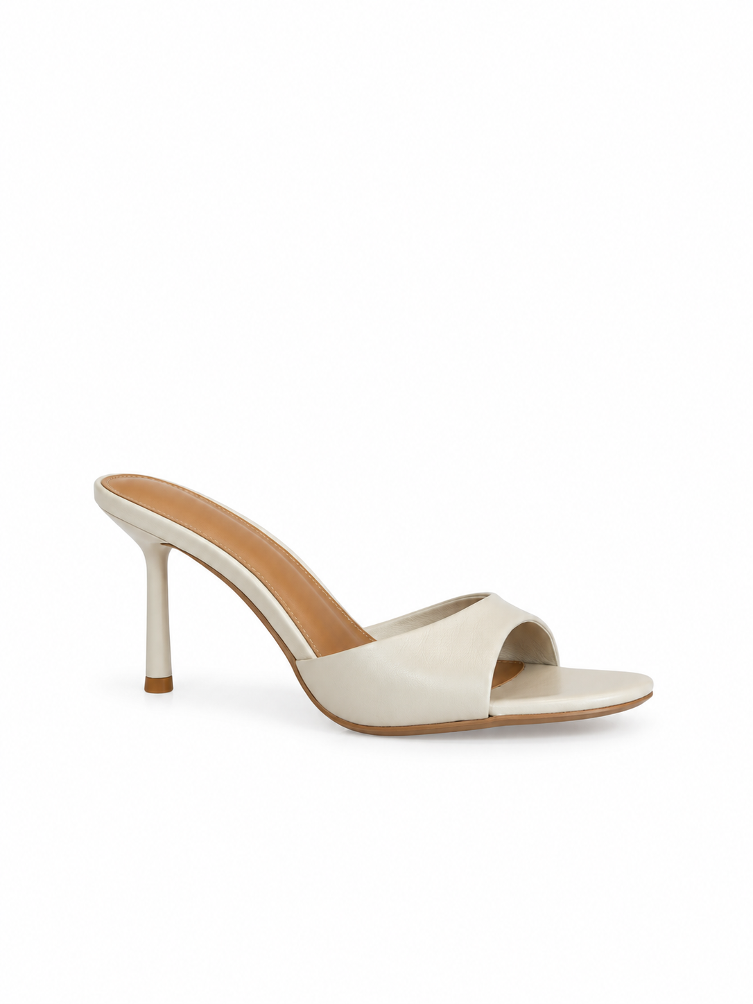 White leather heeled slide sandals with open toe, slim strap, 70mm heel