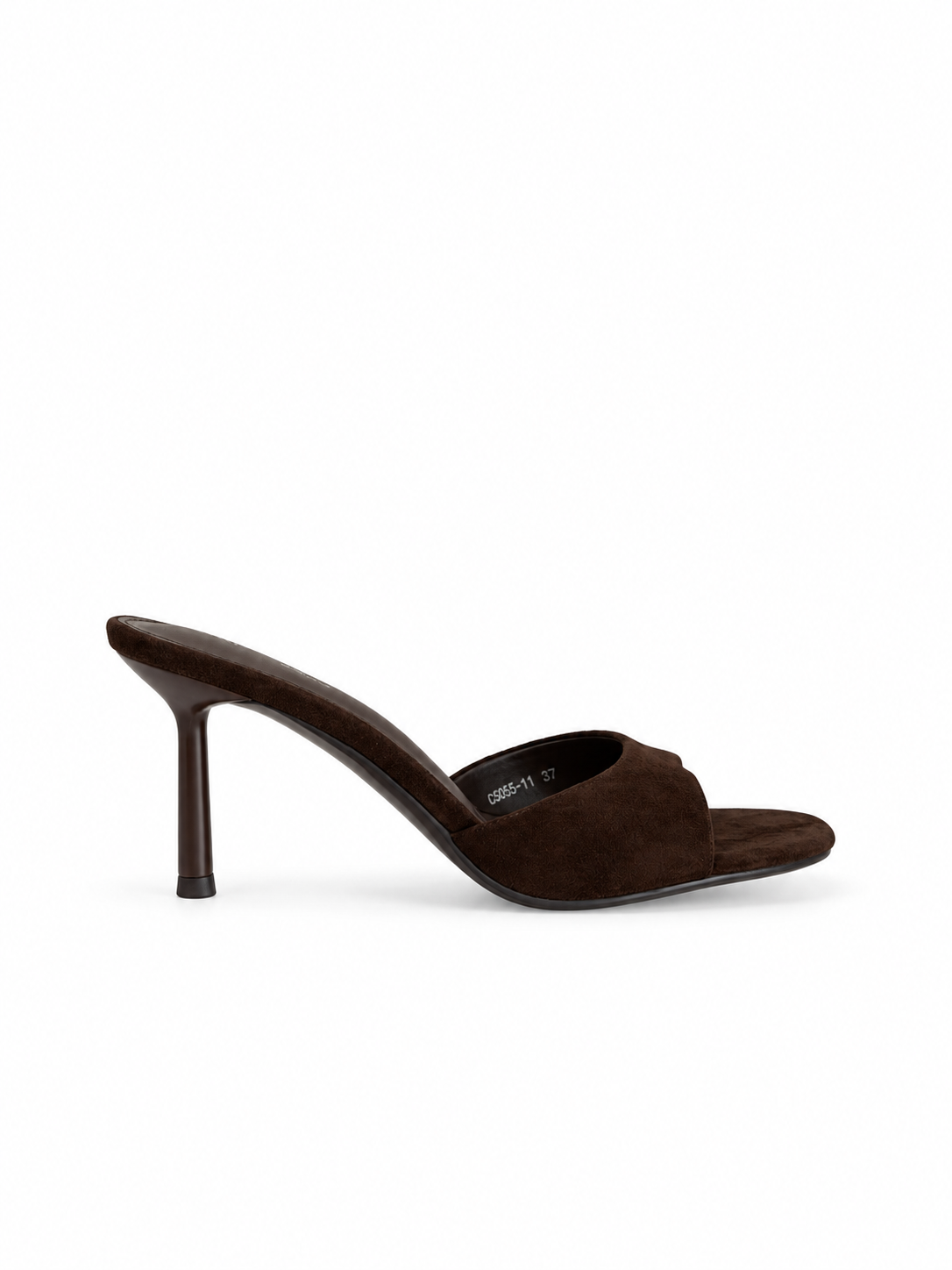 Suede slide sandals, open toe, stiletto heel, dark brown—side view