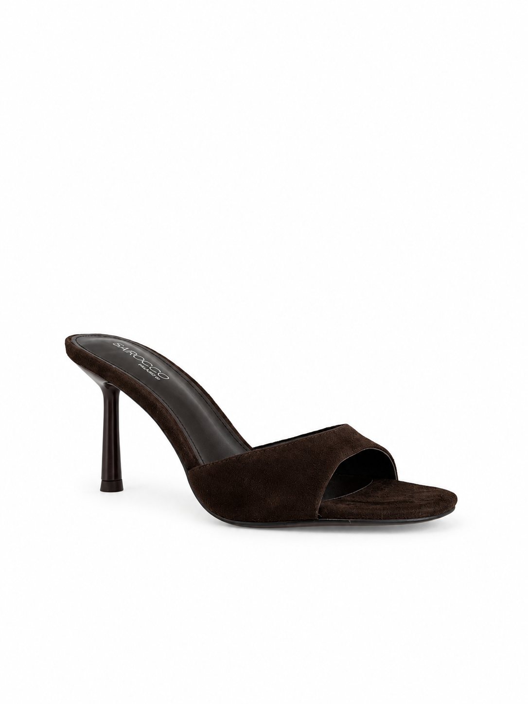 Chloe suede slide sandals, open toe, dark brown, stiletto heel