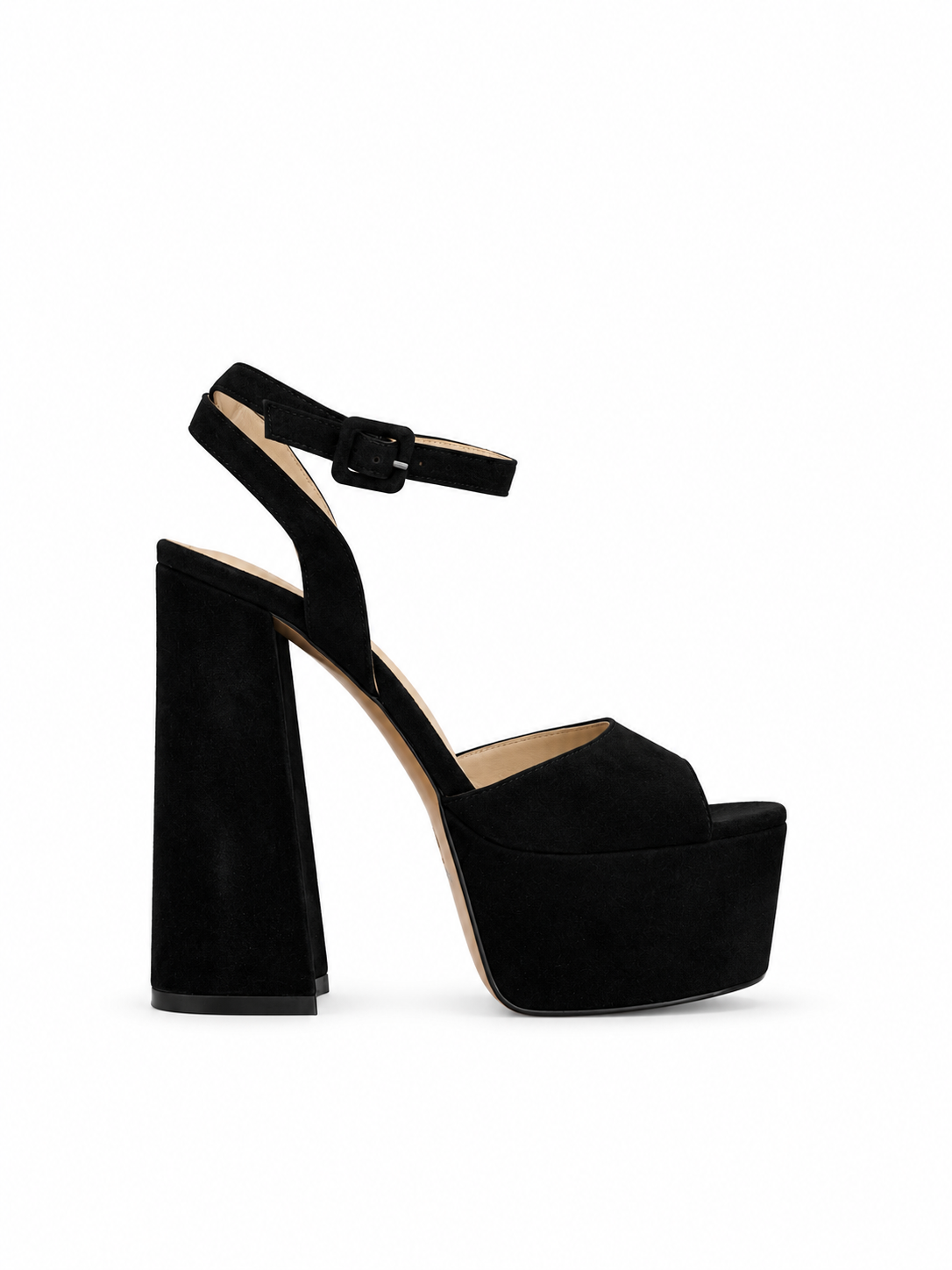 Black suede leather platform sandals with ankle strap and open toe on tall heel