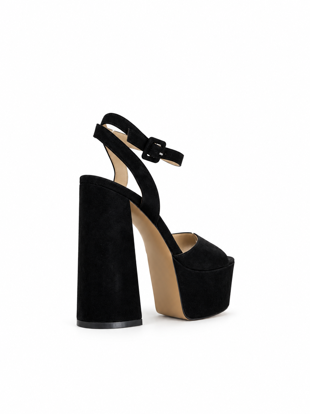 Black suede leather heeled sandals with ankle strap, platform sole, and thick block heel