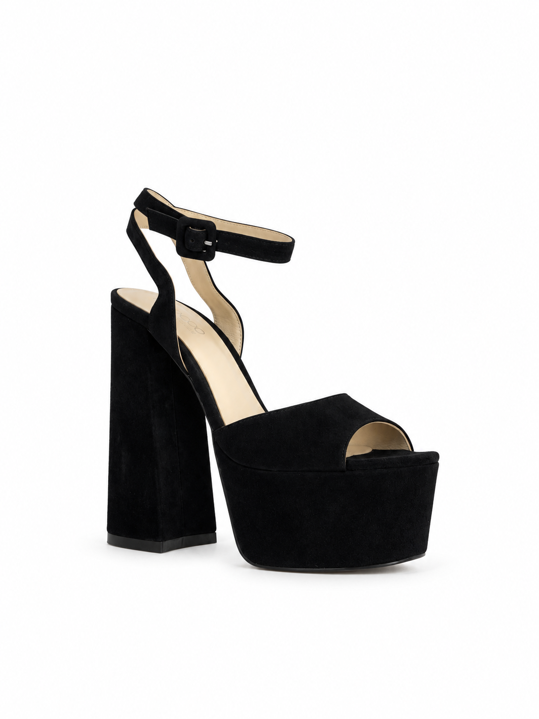 Black suede leather platform sandals with ankle strap and chunky high heel
