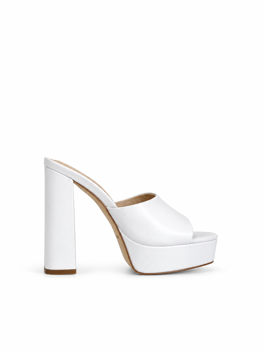 White genuine leather platform heeled sandals, open toe, block heel, front side view