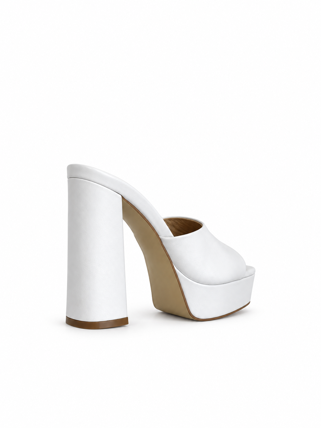 White genuine leather platform sandals with open toe, tall block heel, side view