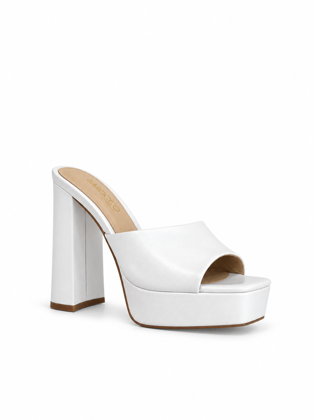 White genuine leather platform heeled sandals, open toe, block heel, slip-on band