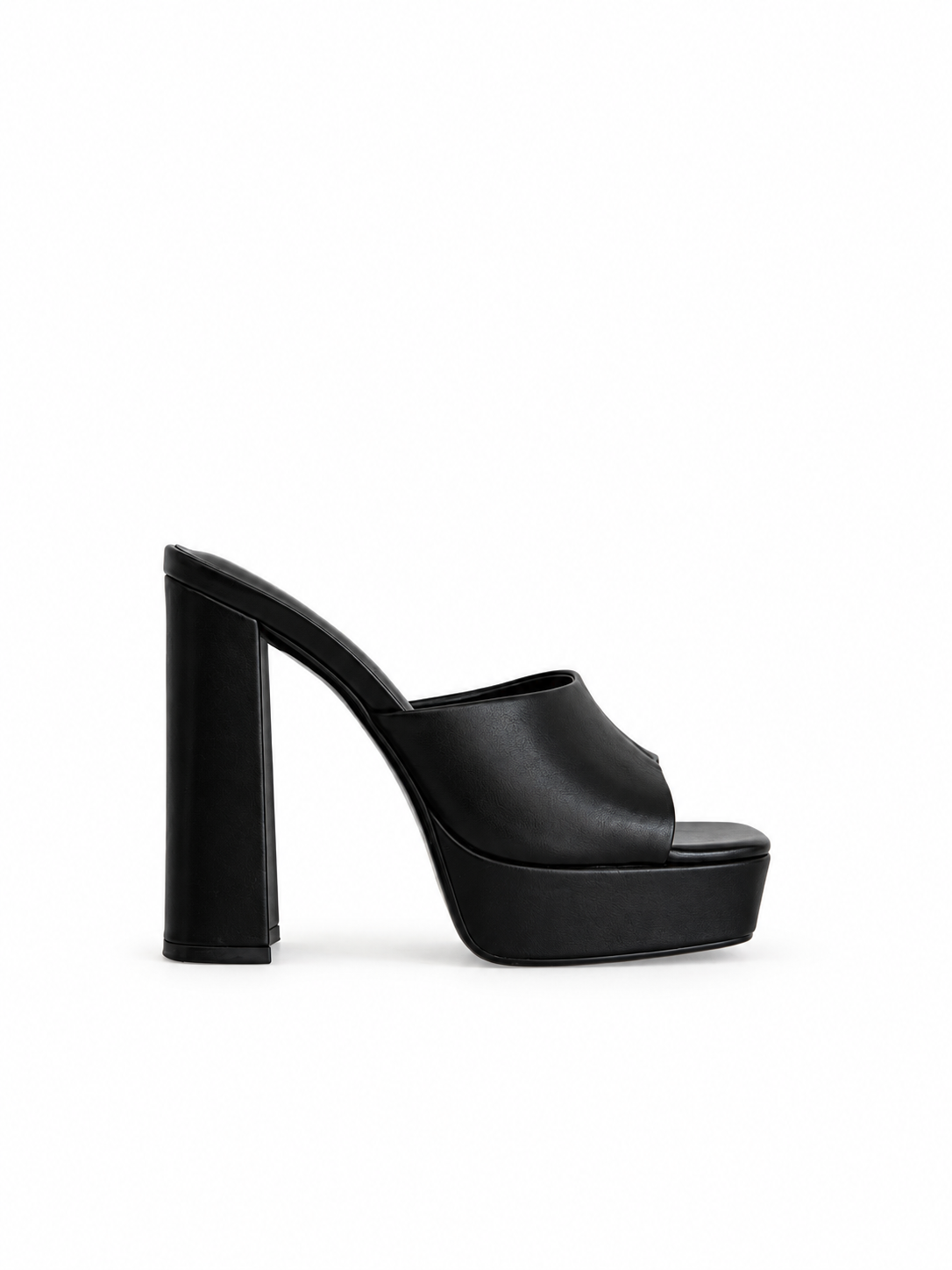 Black leather platform heeled sandals with open toe and tall block heel, angled view