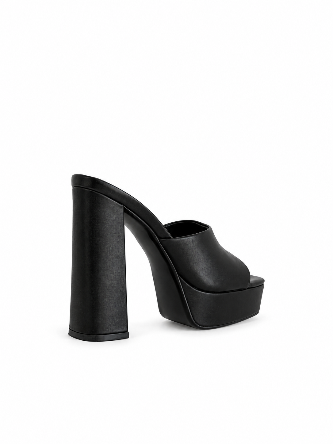 Black leather platform heeled sandals, open toe, thick block heel—side view