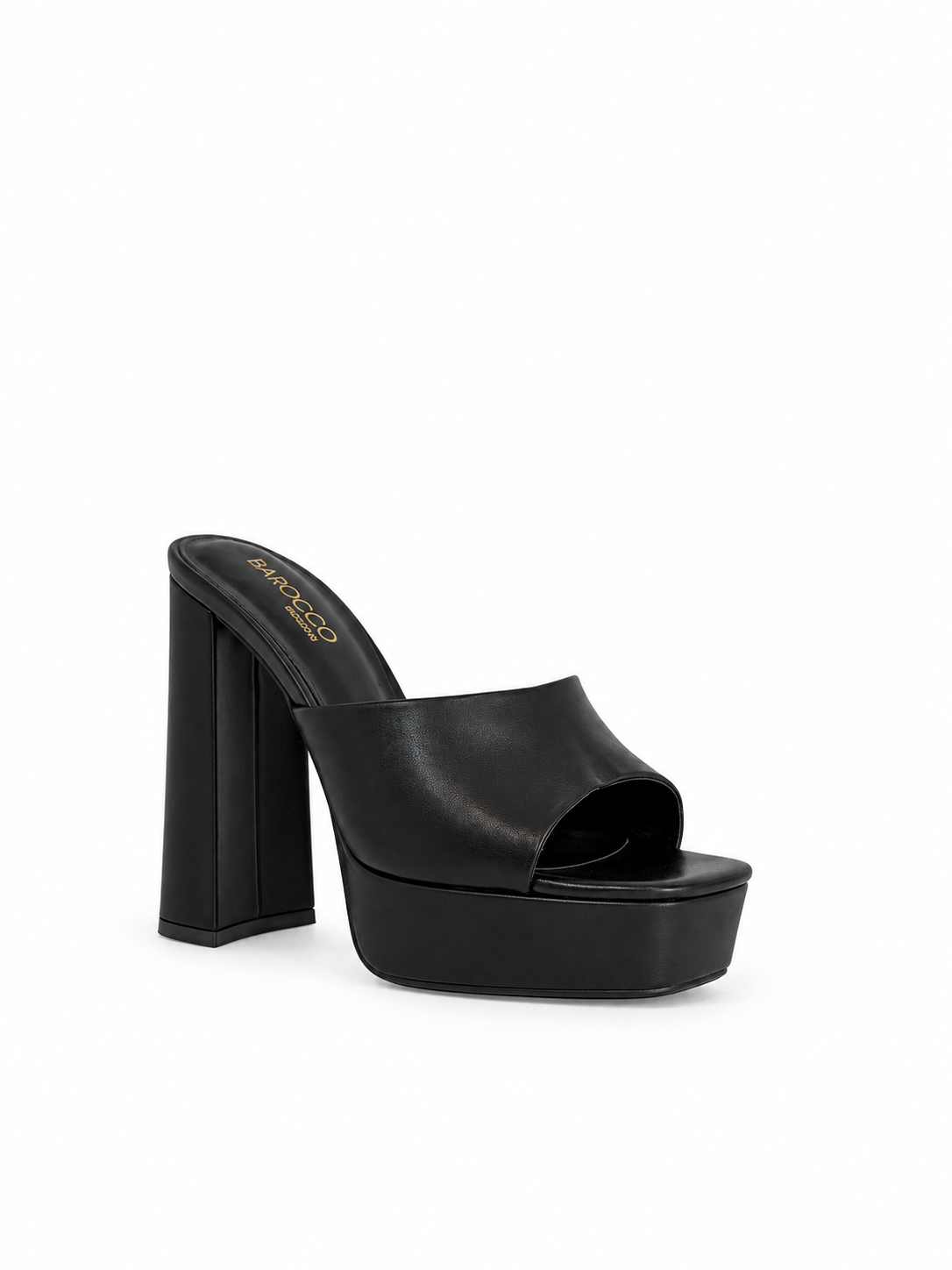 Black leather platform heeled sandals with open toe and thick block heel