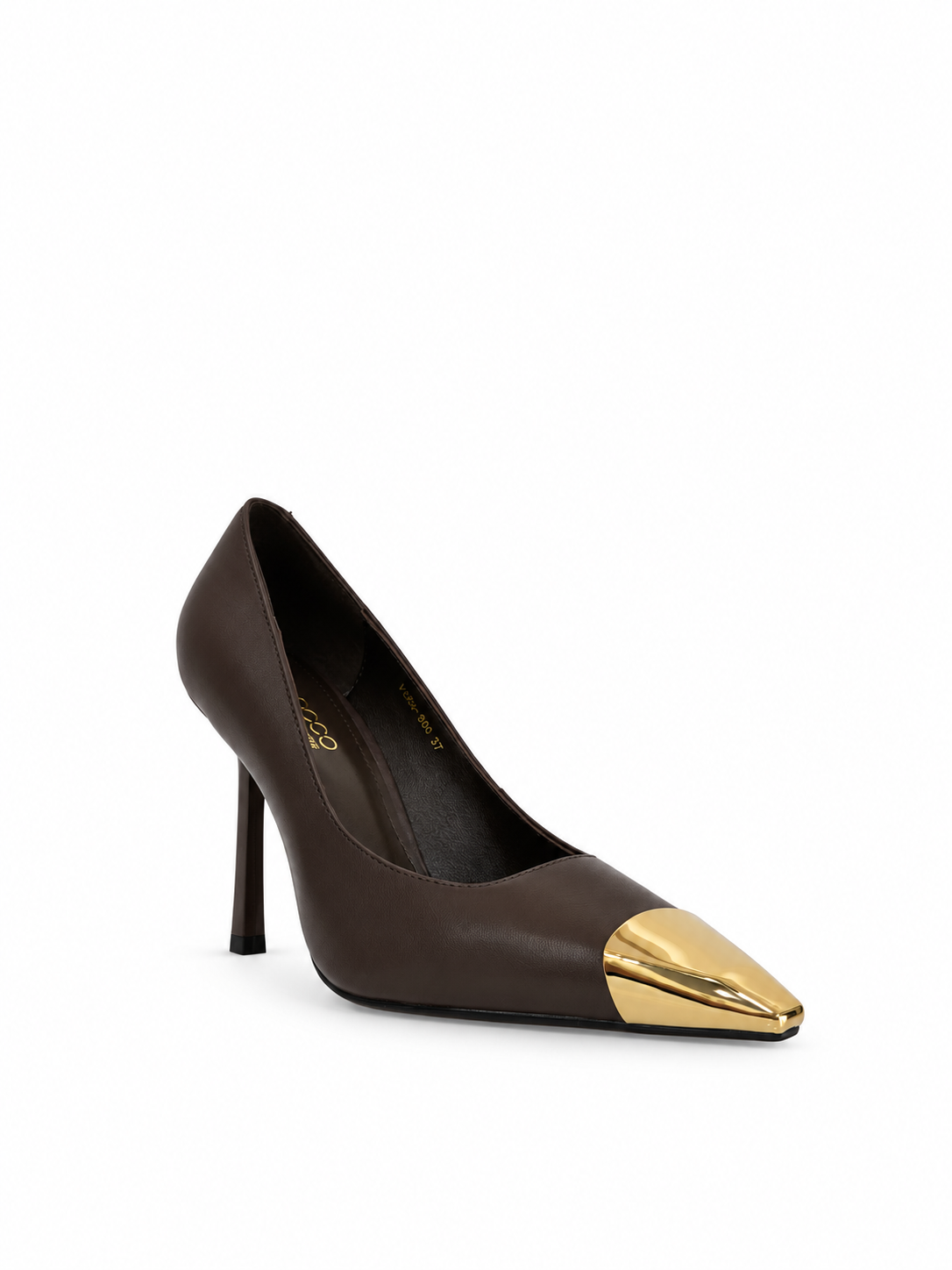 Brown leather pumps with gold pointed toe and slender stiletto heel