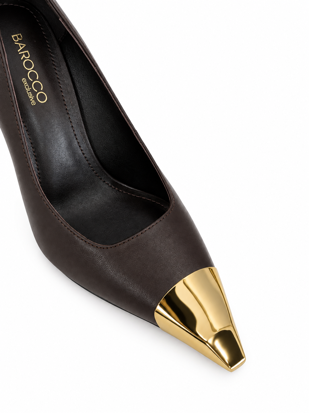 Brown genuine leather pumps with gold pointed toe cap and slim high heel