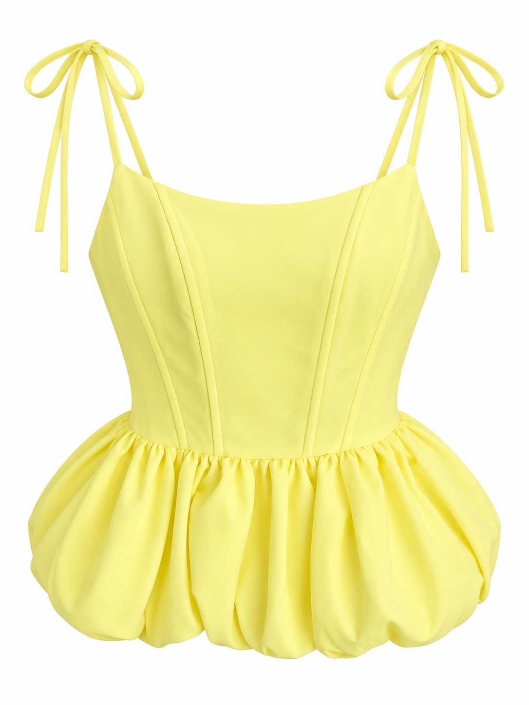 Lemon yellow peplum corset top with ruched bubble hem and bow shoulder straps