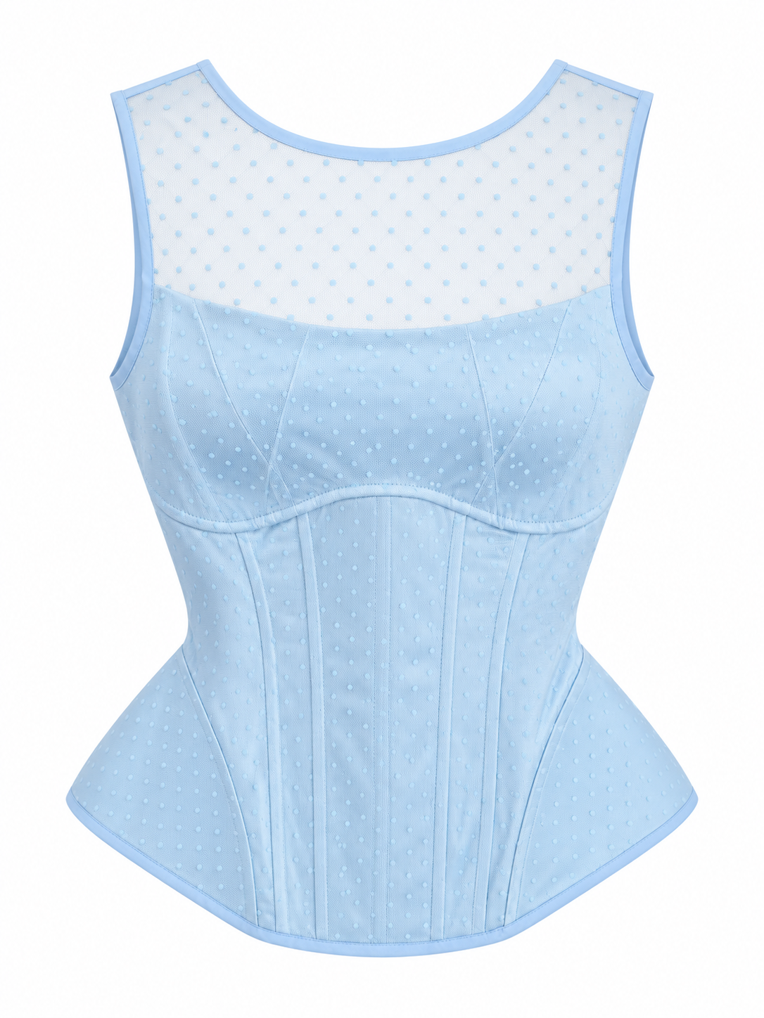 Sky blue polka dot mesh corset top with sleeveless scoop neckline