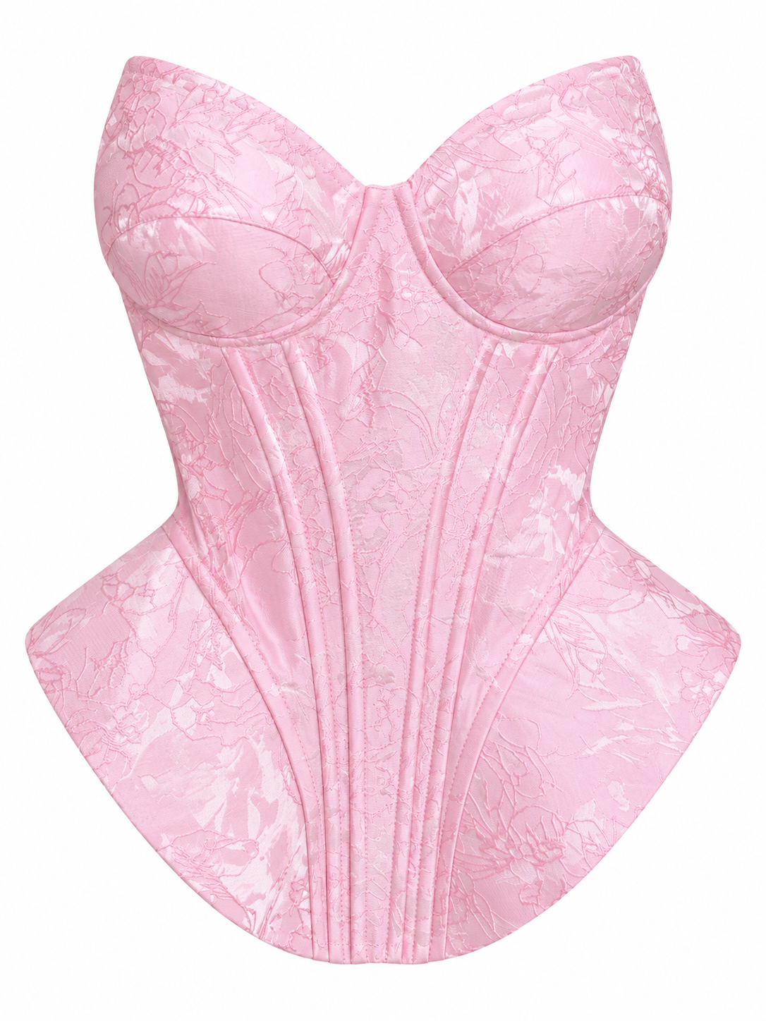 Pink floral jacquard corset top with sweetheart neckline, underwire cups, and boned waist