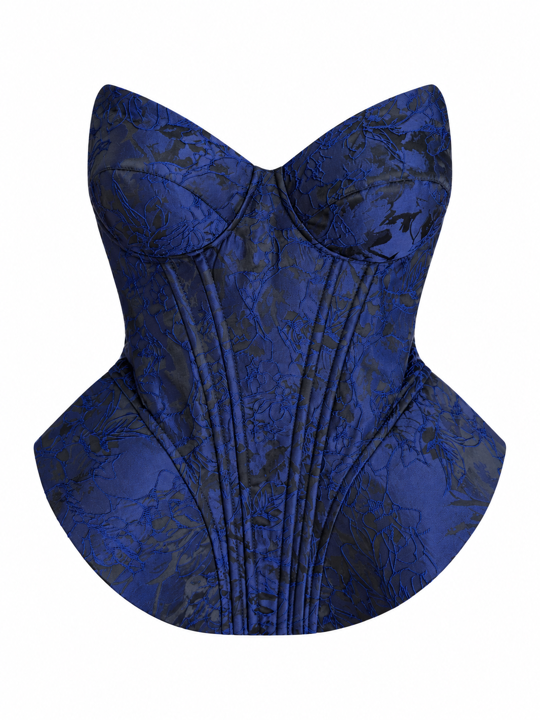 Royal blue floral jacquard corset top with sweetheart neckline and structured bodice