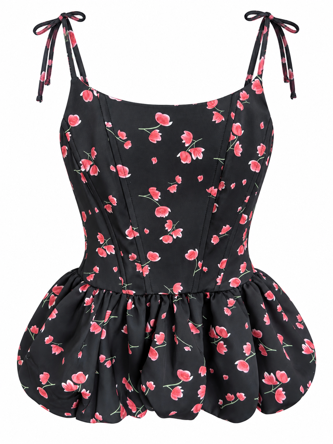 Black floral bubble peplum corset top with adjustable tie straps and gathered waist