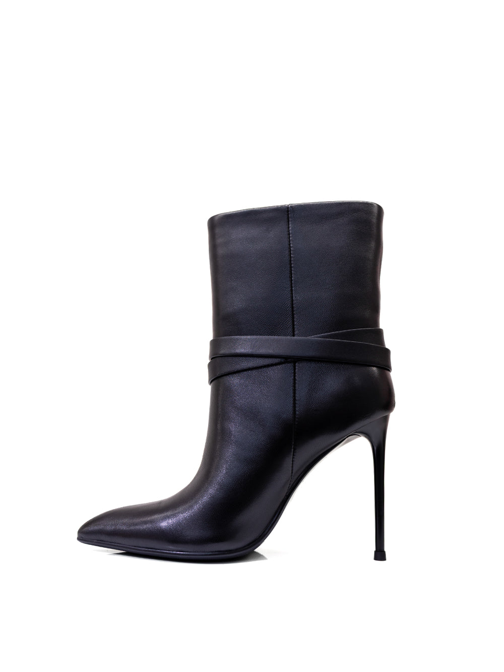 A single black leather ankle boot with a pointed toe, slim high stiletto heel, and a wrap-around strap detail at the ankle, shown against a plain white background.